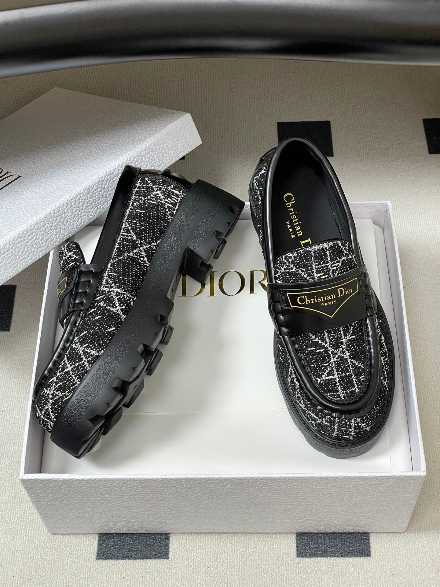 DIOR 25S BOY PLATFORM LOAFERS IN BLACK MIX WHITE TWEED AND LAMBSKIN