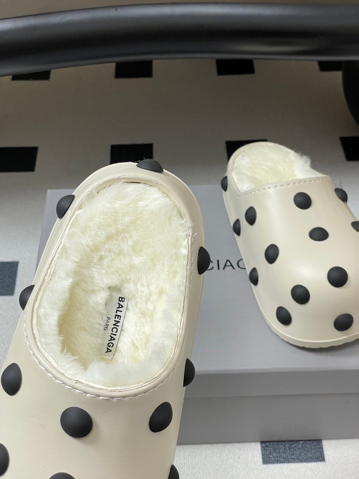 BALENCIAGA 25S FUR-LINED MULES IN WHITE FAUX LEATHER
