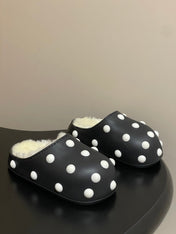BALENCIAGA 25S FUR-LINED MULES IN BLACK AND WHITE FAUX LEATHER