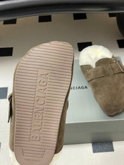 BALENCIAGA 25S FUR-LINED MULES IN DARK EARTH BROWN FAUX LEATHER