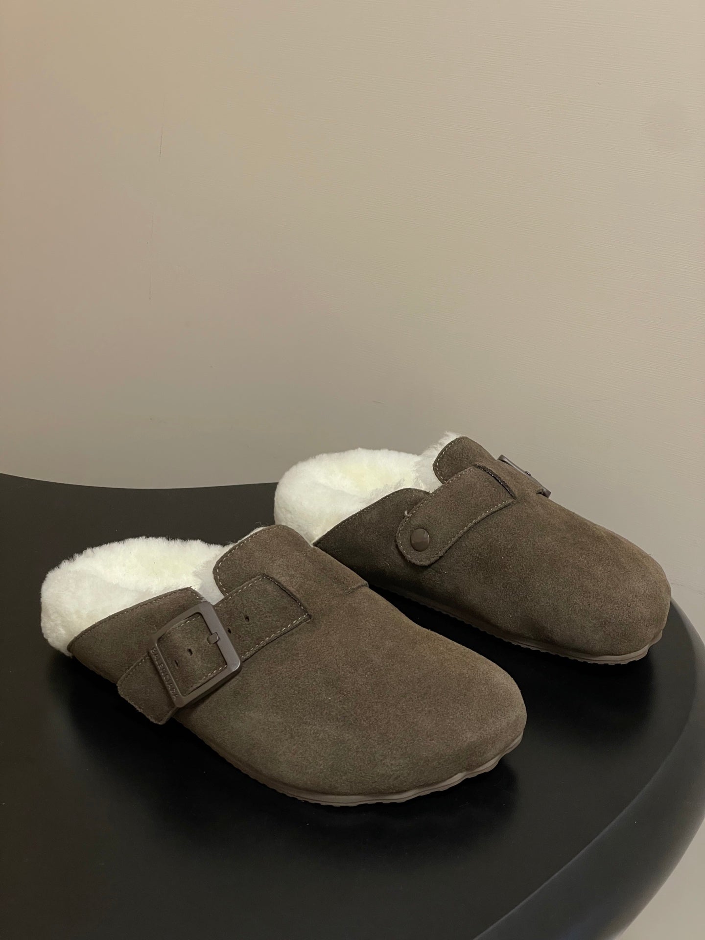 BALENCIAGA 25S FUR-LINED MULES IN DARK EARTH BROWN FAUX LEATHER