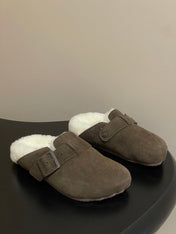 BALENCIAGA 25S FUR-LINED MULES IN DARK EARTH BROWN FAUX LEATHER