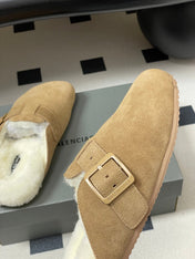 BALENCIAGA 25S FUR-LINED MULES IN LIGHT BROWN FAUX LEATHER