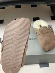 BALENCIAGA 25S FUR-LINED MULES IN EARTH BROWN FAUX LEATHER