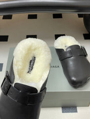 BALENCIAGA 25S FUR-LINED MULES IN BLACK FAUX LEATHER