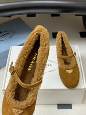 PRADA 25S MARY JANE FLATS IN DARK WALNUT BROWN SUEDE WITH GOLD HARDWARE