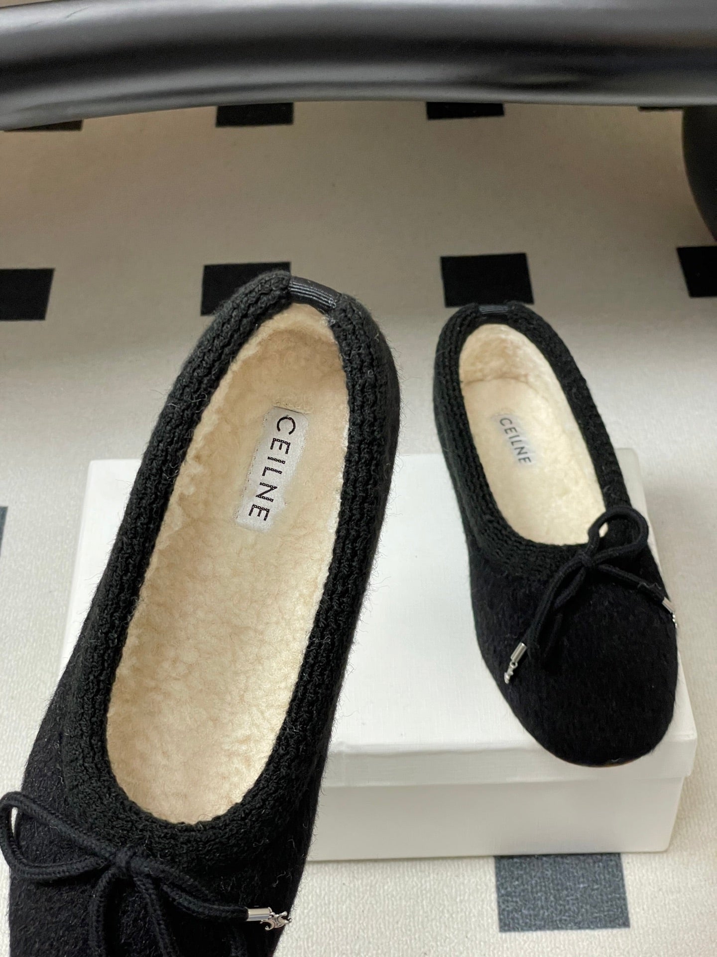 CELINE 26S BALLET FLATS IN BLACK WOOL WITH BOW STYLE 1
