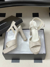 CHANEL 26S HIGH HEEL SANDALS 120 MM IN CREAM BEIGE SUEDE