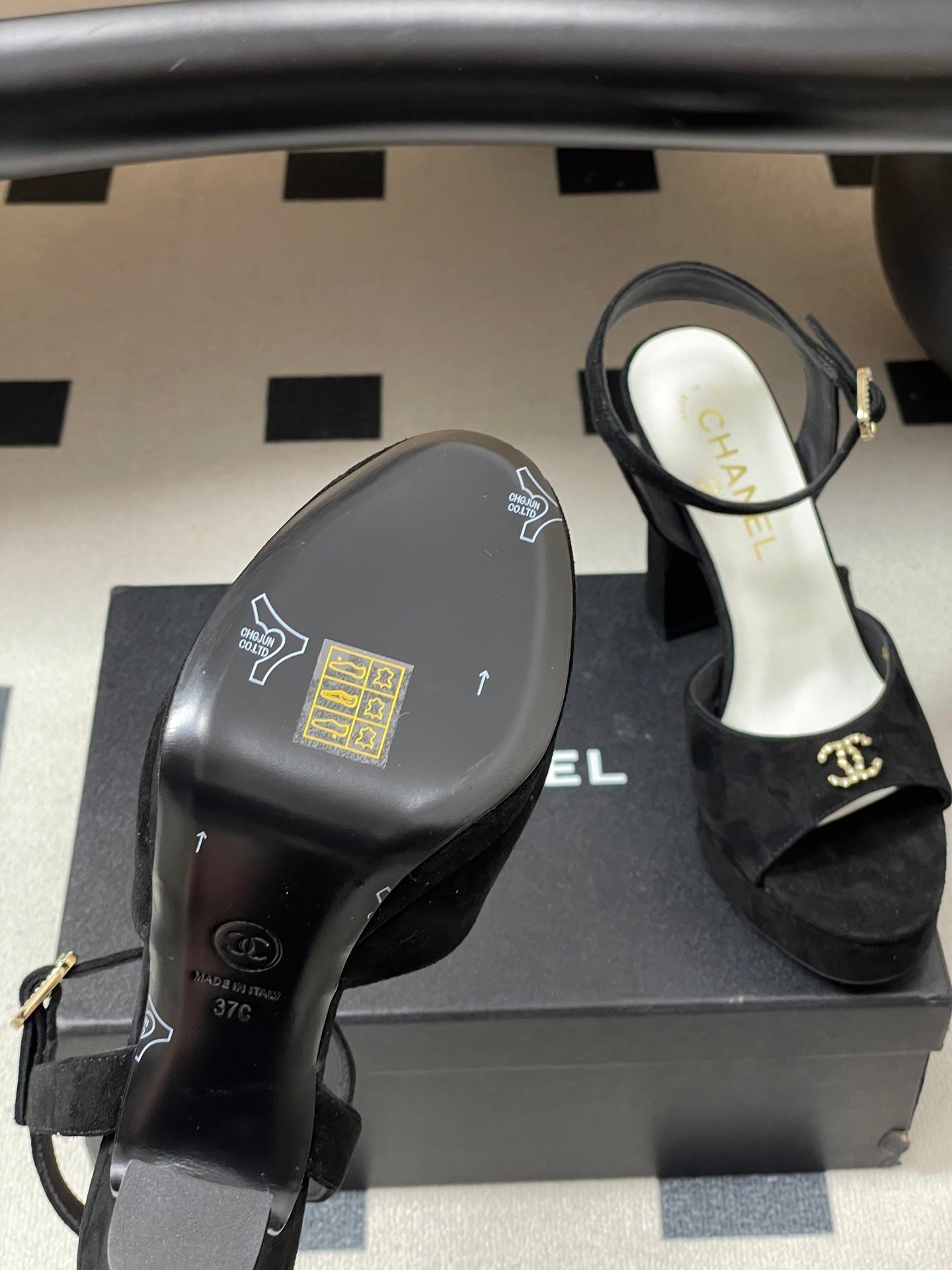 CHANEL 26S HIGH HEEL SANDALS 120 MM IN BLACK SUEDE
