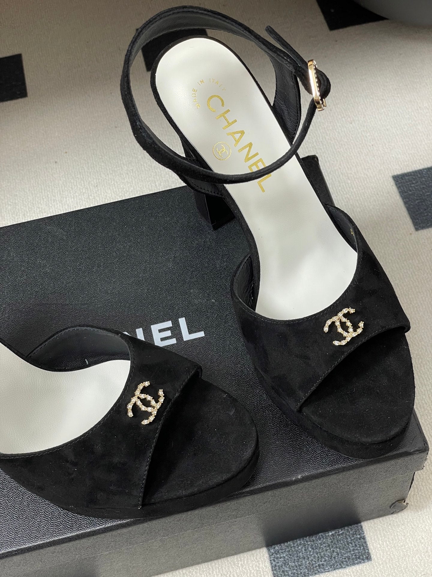 CHANEL 26S HIGH HEEL SANDALS 120 MM IN BLACK SUEDE