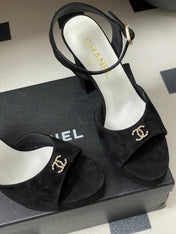 CHANEL 26S HIGH HEEL SANDALS 120 MM IN BLACK SUEDE