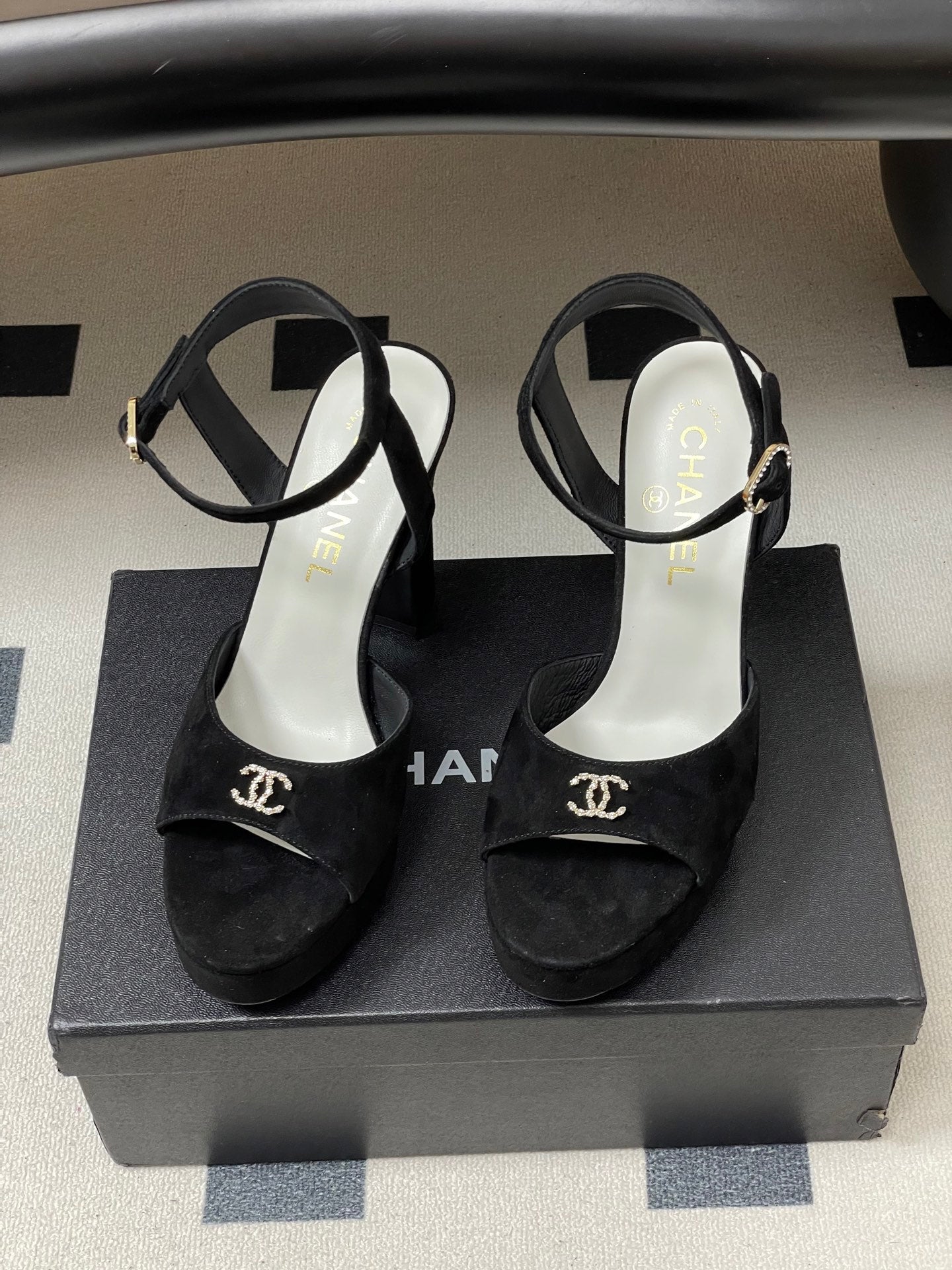 CHANEL 26S HIGH HEEL SANDALS 120 MM IN BLACK SUEDE