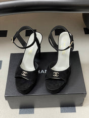 CHANEL 26S HIGH HEEL SANDALS 120 MM IN BLACK SUEDE