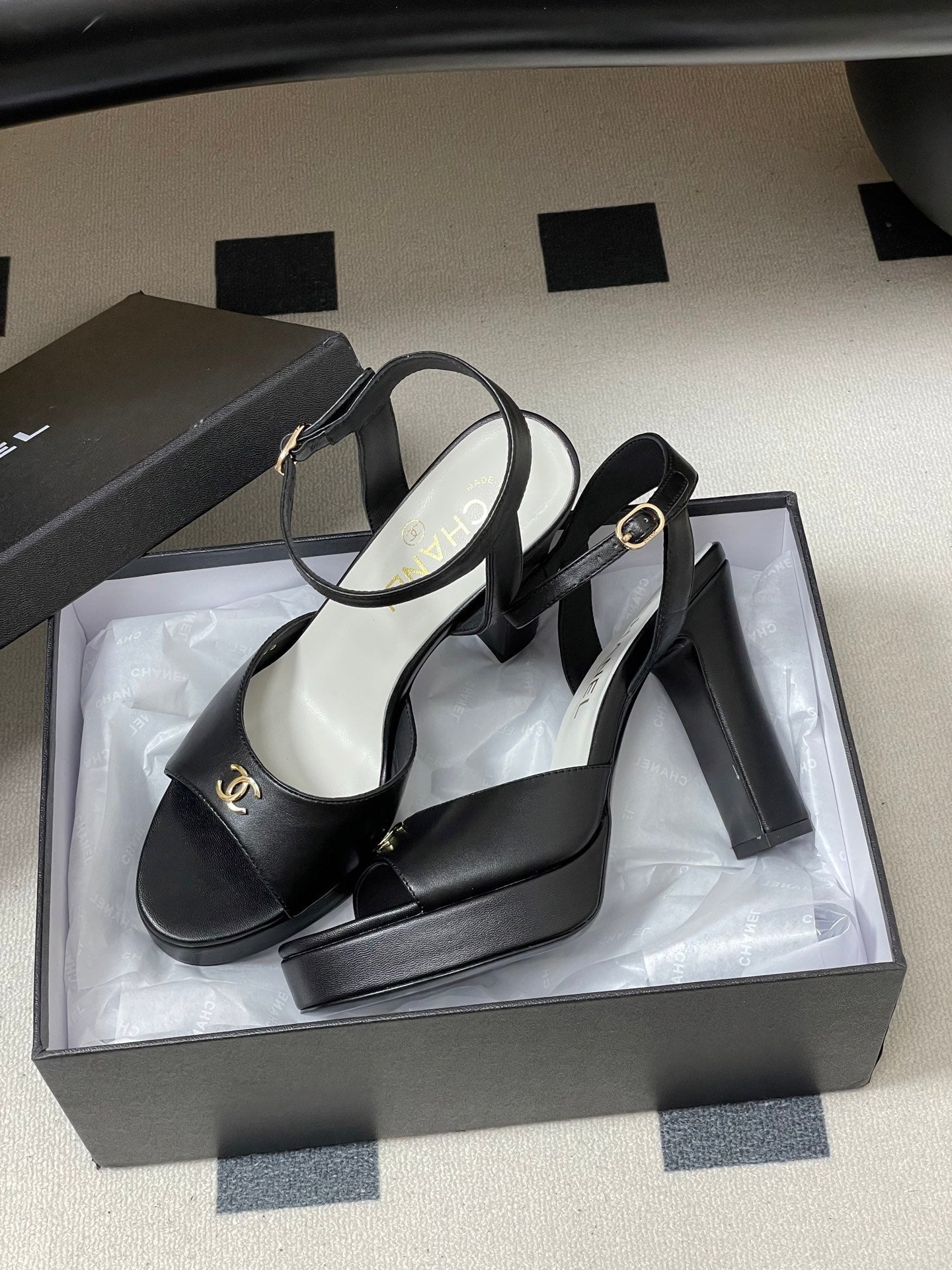 CHANEL 26S HIGH HEEL SANDALS 120 MM IN BLACK LAMBSKIN