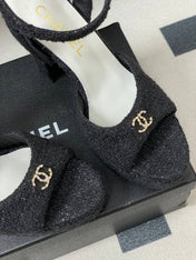 CHANEL 26S HIGH HEEL SANDALS 120 MM IN BLACK TWEED