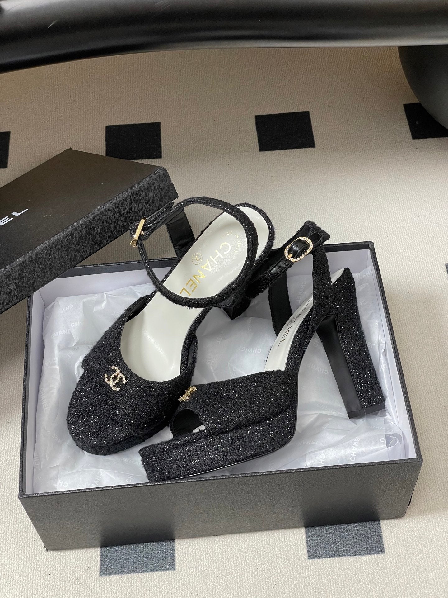 CHANEL 26S HIGH HEEL SANDALS 120 MM IN BLACK TWEED