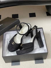 CHANEL 26S HIGH HEEL SANDALS 120 MM IN BLACK TWEED