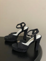CHANEL 26S HIGH HEEL SANDALS 120 MM IN BLACK TWEED