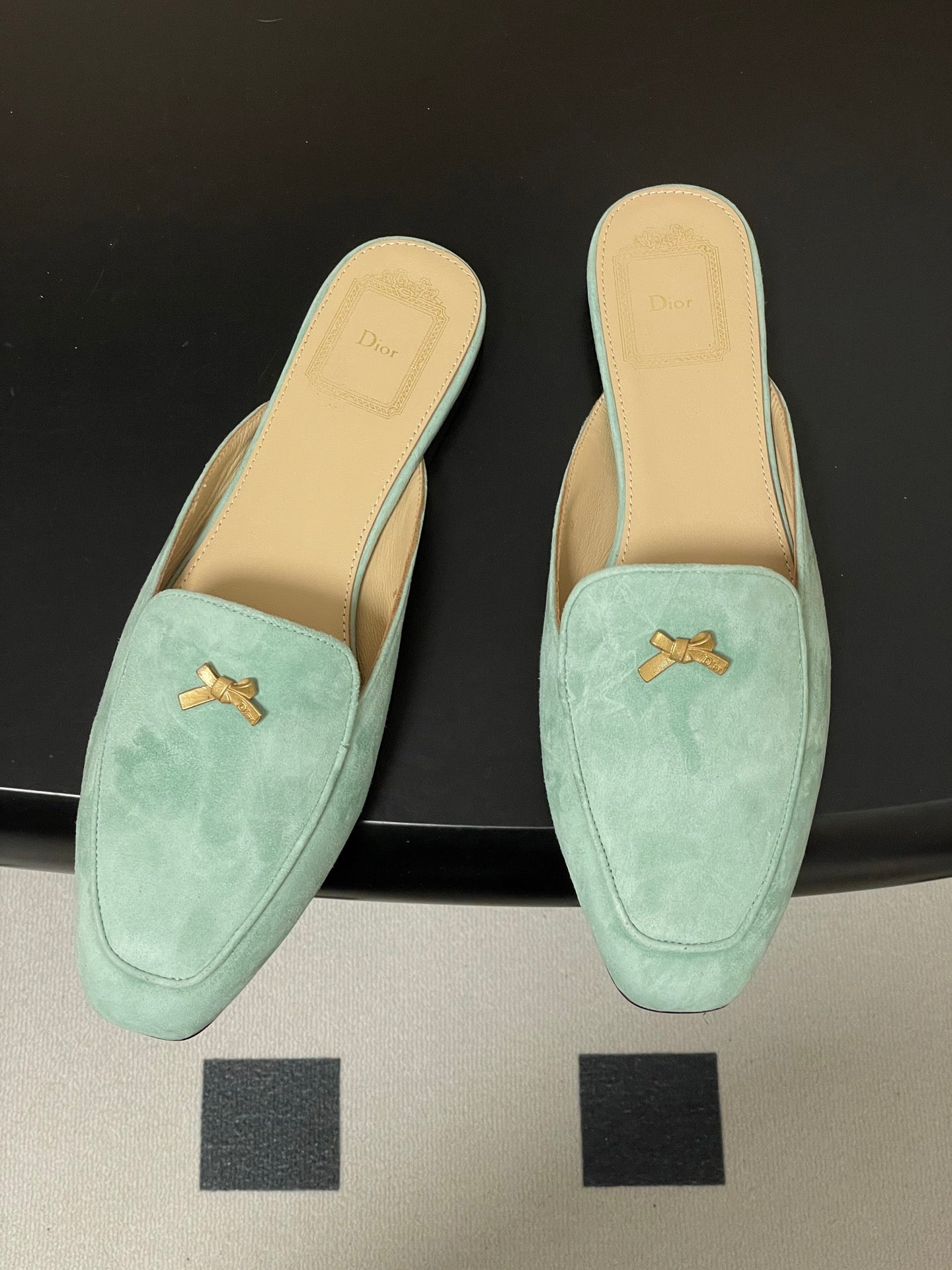 DIOR 26S MULES IN LIGHT MINT GREEN SUEDE WITH BOW