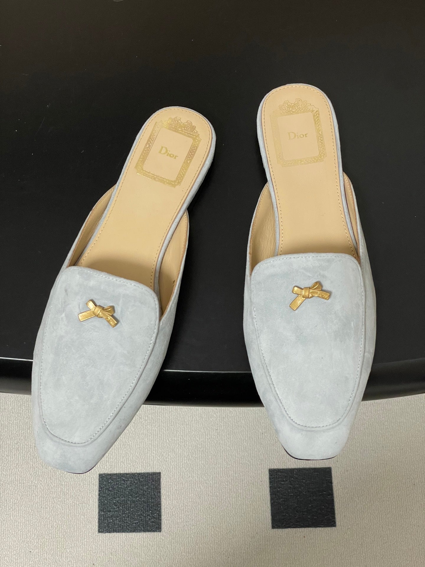 DIOR 26S MULES IN LIGHT BLUE GRAY SUEDE WITH BOW