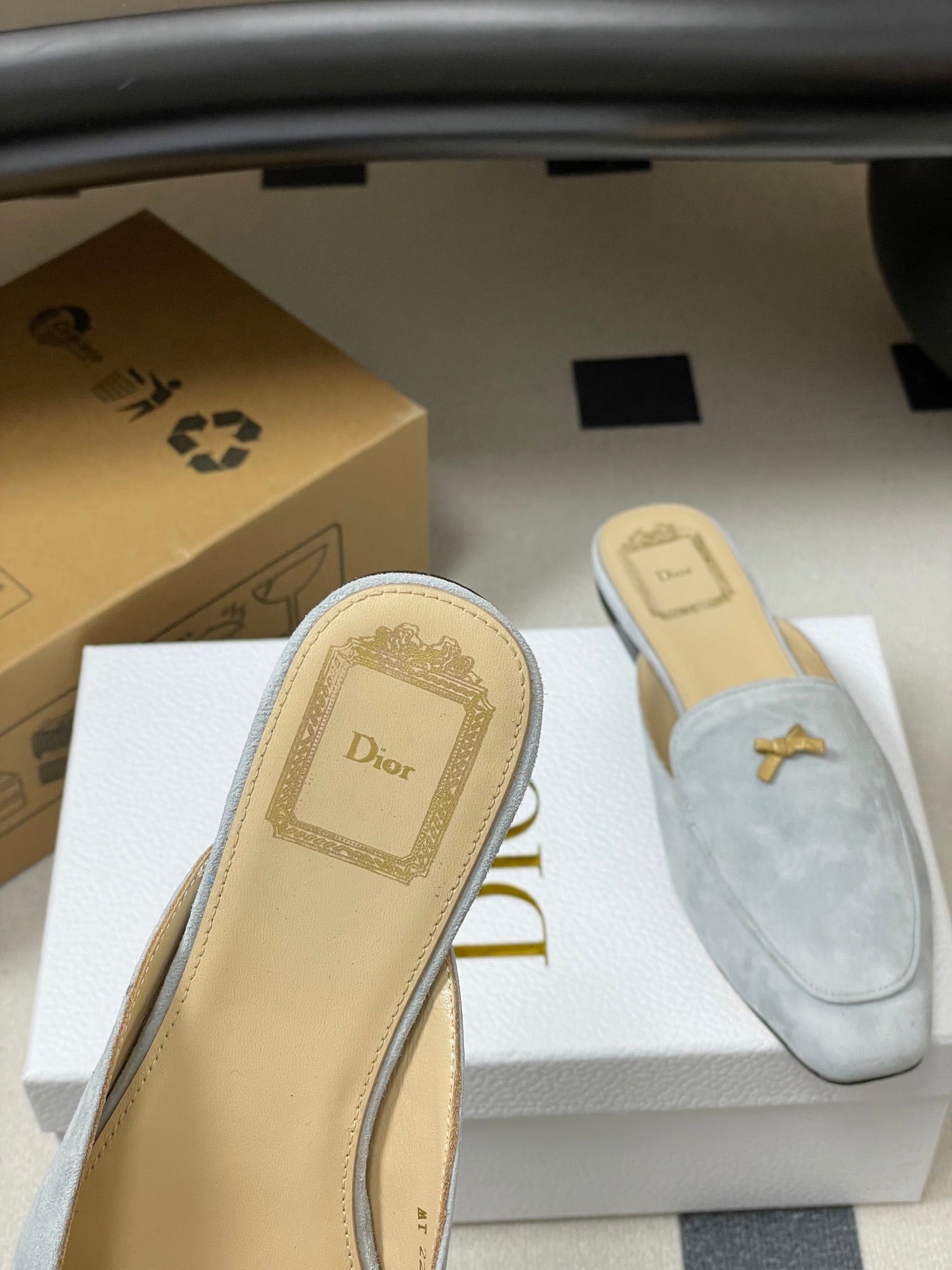 DIOR 26S MULES IN LIGHT BLUE GRAY SUEDE WITH BOW