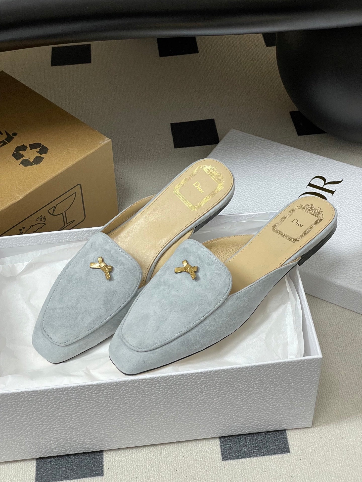 DIOR 26S MULES IN LIGHT BLUE GRAY SUEDE WITH BOW