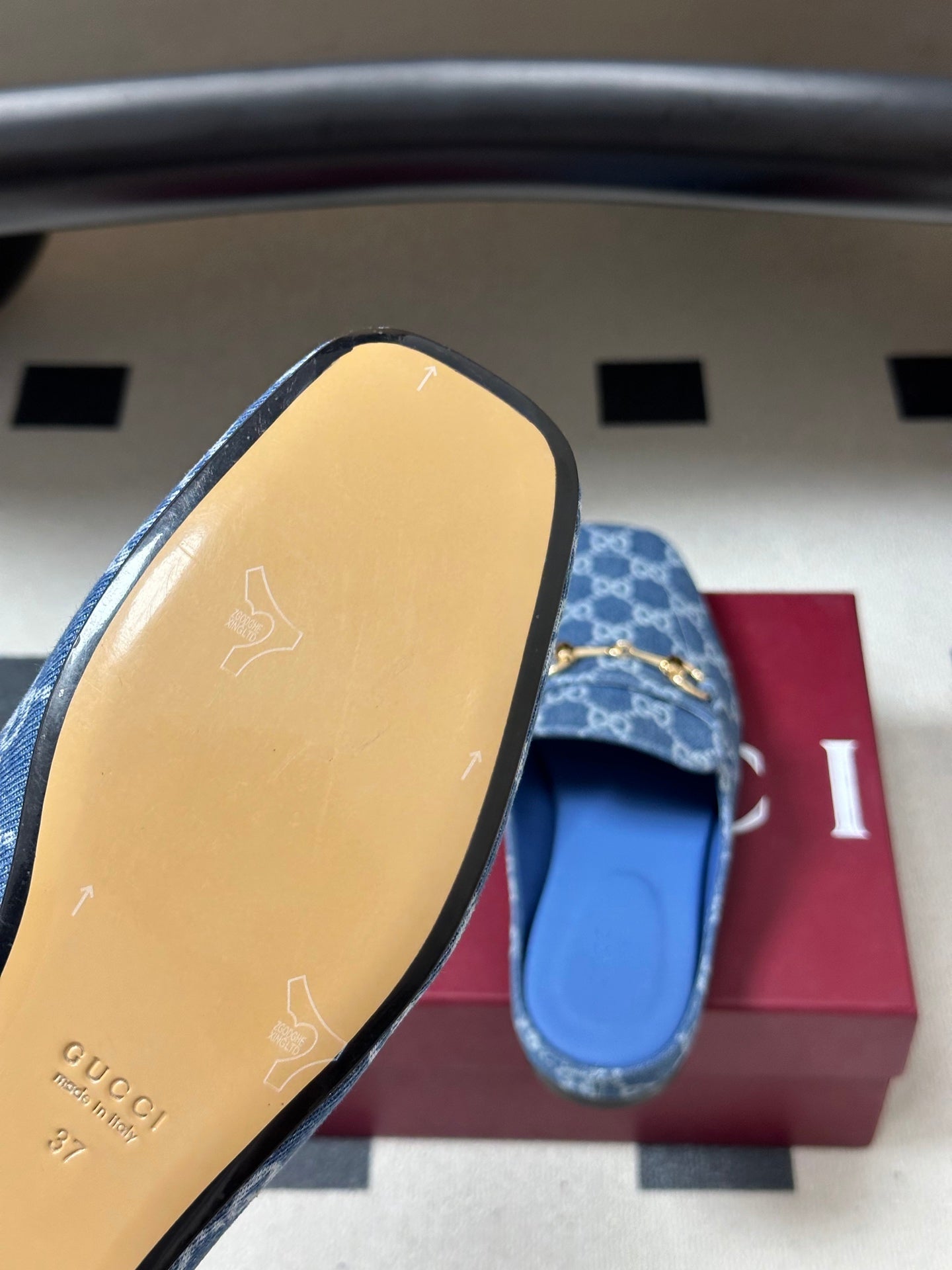 GUCCI 26S HORSEBIT LOAFER MULES IN BLUE DENIM