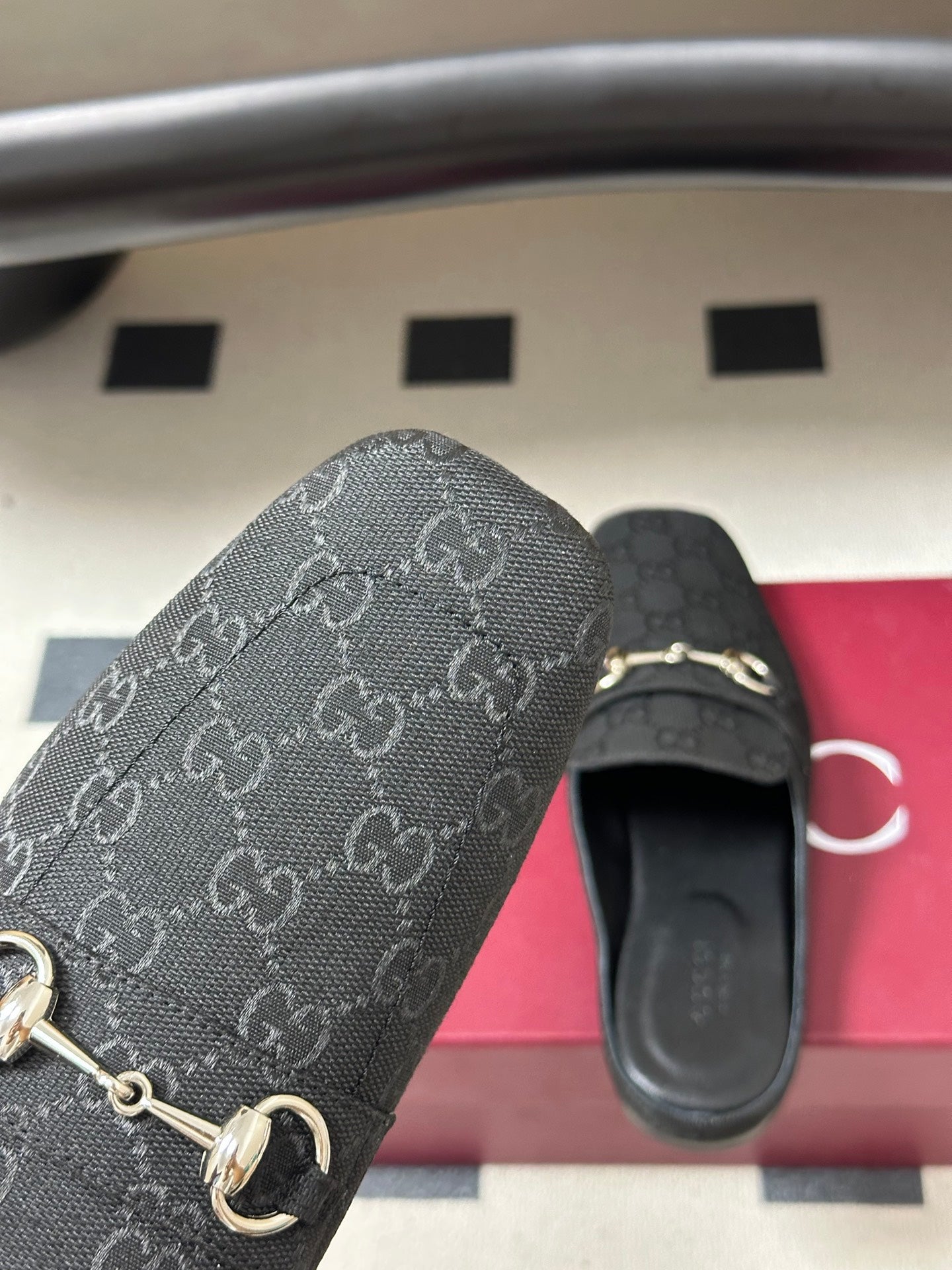 GUCCI 26S HORSEBIT LOAFER MULES IN BLACK CANVAS
