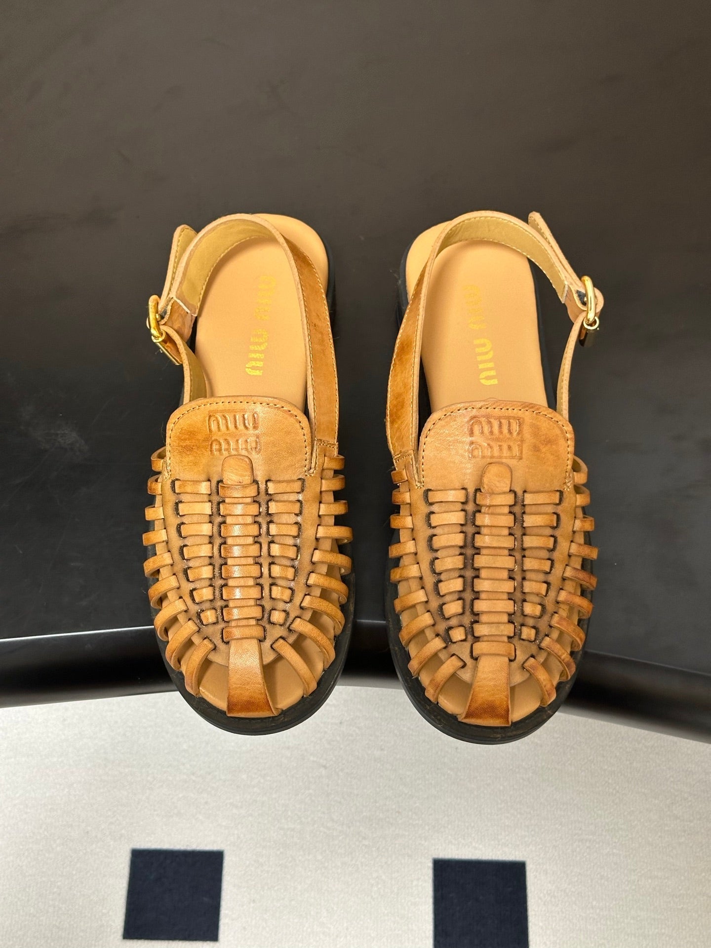 MIUMIU 26S SLINGBACK FISHERMAN SANDALS IN GOLD BROWN CALFSKIN