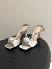 DIOR 26S ROSE HEELED SANDALS 85MM IN LIGHT GREY SATIN