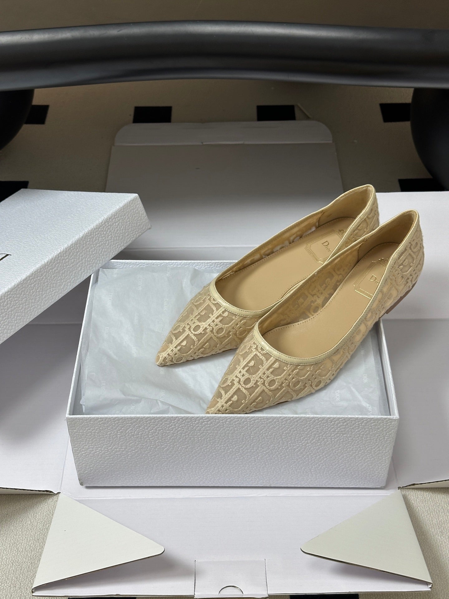 DIOR 26S POINTED-TOE FLATS IN BEIGE MESH OBLIQUE EMBROIDERED CANVAS
