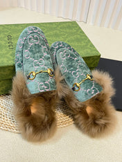 HORSEBIT MULE IN TURQUOISE MONOGRAM VELVET AND LAMB WOOL LINING