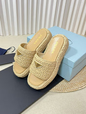 PRA CROCHET FLATFORM SLIDES BEIGE RAFFIA