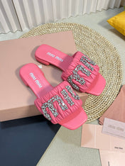 Women's Neon Pink Leather Diamond Slippers