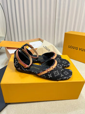 LV 26S ANKLE STRAP FLATS IN BLACK MONOGRAM DENIM