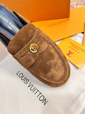 LV CAPRI OPEN BACK LOAFERS IN CHOCOLATE BROWN SUEDE