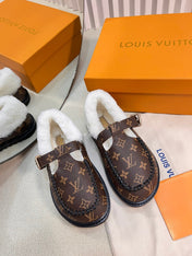 COLORADO COMFORT MARY JANE IN CHOCOLATE BROWN MONOGRAM CALFSKIN AND SHEARLING LINING