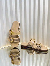 D-AVENUE SLIDES 25S IN BEIGE CALFSKIN MICRO CANNAGE MOTIF