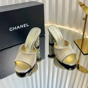 CHANEL 26S EMBELLISHED HEELED SANDALS 80 MM IN GOLD LAMBSKIN