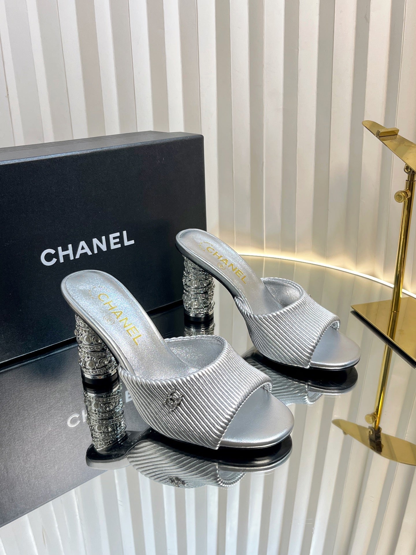 CHANEL 26S EMBELLISHED HEELED SANDALS 80 MM IN SILVER LAMBSKIN