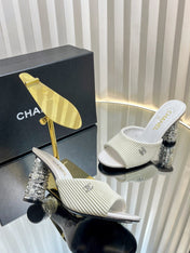 CHANEL 26S EMBELLISHED HEELED SANDALS 80 MM IN WHITE LAMBSKIN