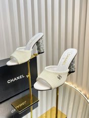 CHANEL 26S EMBELLISHED HEELED SANDALS 80 MM IN WHITE LAMBSKIN