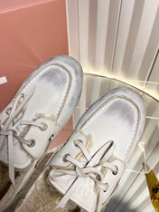 MIUMIU 26S FUR BOAT SHOES IN LIGHT GRAY CALFSKIN
