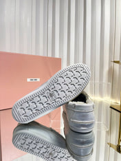MIUMIU 26S FUR BOAT SHOES IN LIGHT GRAY CALFSKIN