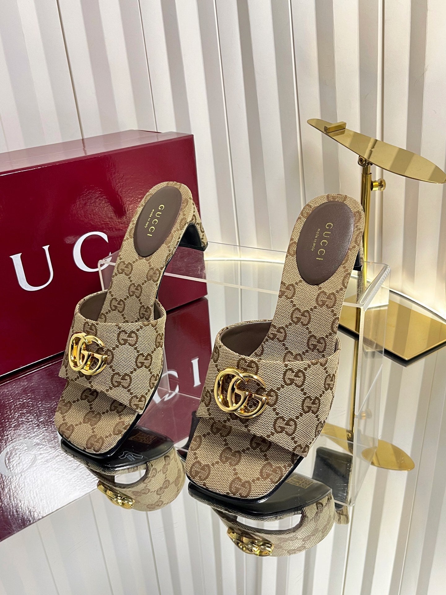 GUCCI 26S HIGH-HEELED SANDALS 45 MM IN WARM BEIGE CANVAS