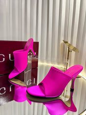 GUCCI 26S HIGH-HEELED SANDALS 100 MM IN DARK PINK SATIN