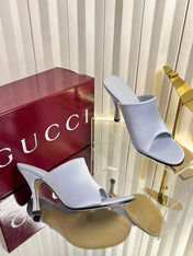 GUCCI 26S HIGH-HEELED SANDALS 100 MM IN GRAYISH BLUE SATIN