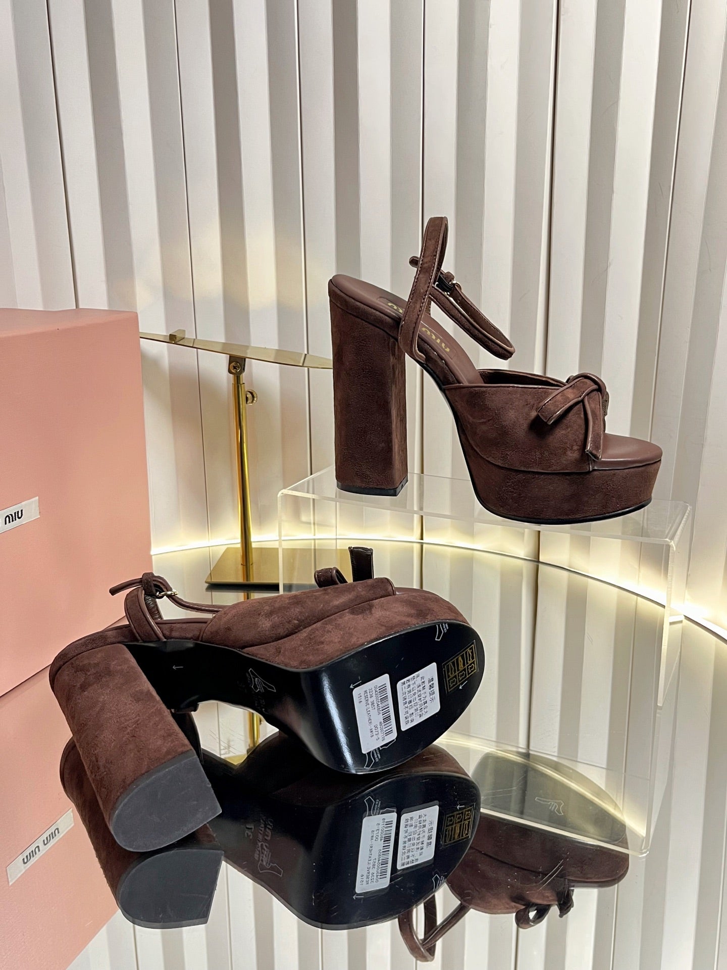 MIUMIU 26S PLATFORM ANKLE STRAP SANDALS 120MM IN DARK BROWN SUEDE WITH BOW