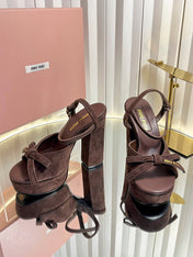 MIUMIU 26S PLATFORM ANKLE STRAP SANDALS 120MM IN DARK BROWN SUEDE WITH BOW