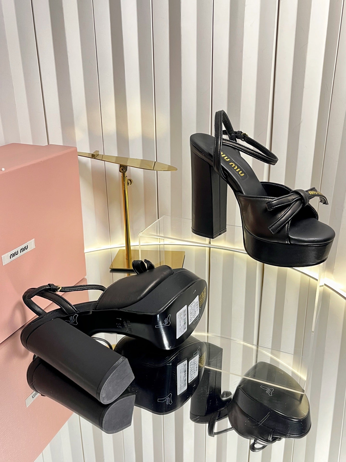 MIUMIU 26S PLATFORM ANKLE STRAP SANDALS 120MM IN BLACK CALFSKIN WITH BOW